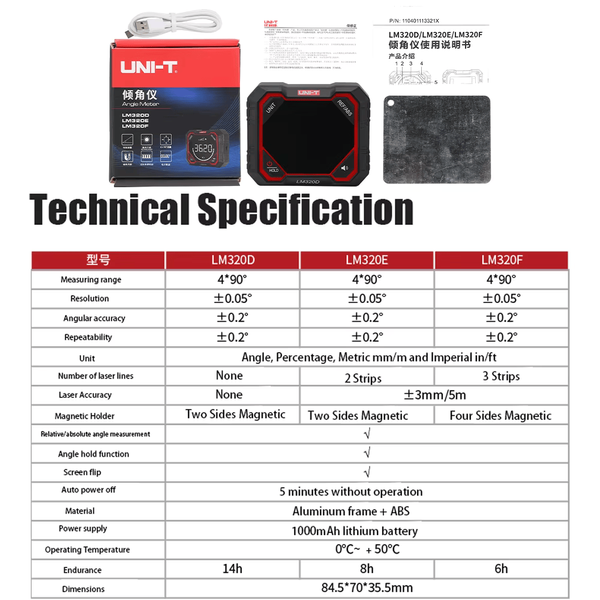 UNI-T LM320D &mdash; цифровий кутомір-інклінометр з лазером, магнітною основою та вимірюванням 4&times;90&deg; ut-lm320d фото